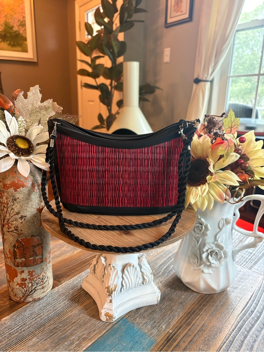 Baskets of Cambodia Red & Black Woven Shoulder Bag Braided Strap